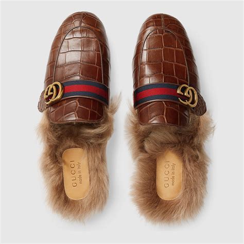 gucci red fur slippers|Gucci crocodile slippers.